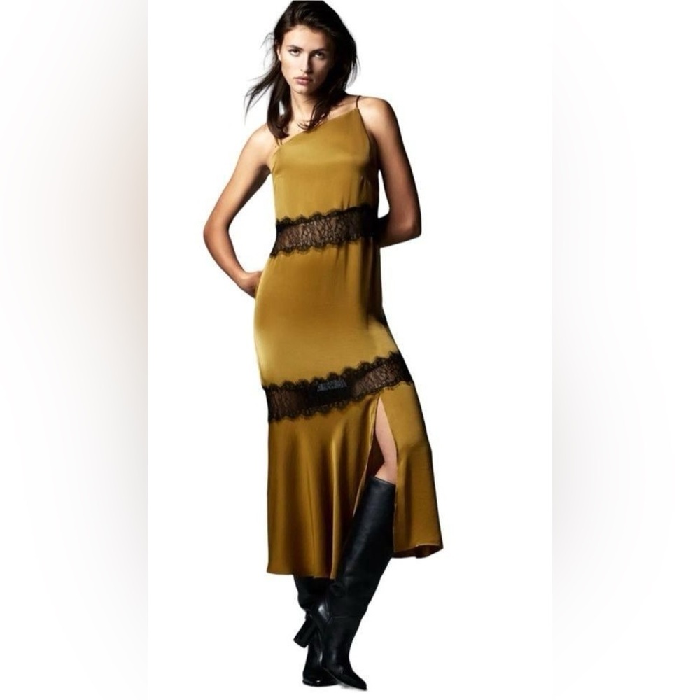 ZARA NWT Satin Lace Asymmetrical Slip Maxi Dress in Olive Green/Black XL